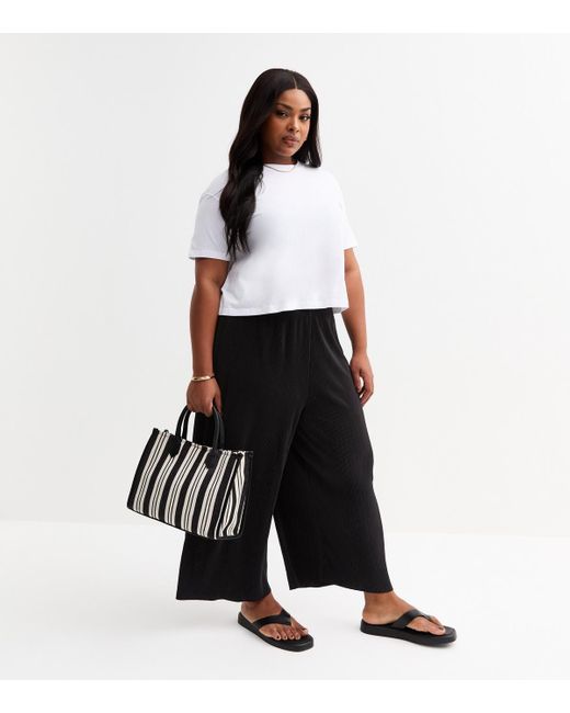 New Look Black Plus Size Plisse Cropped Trousers Curves