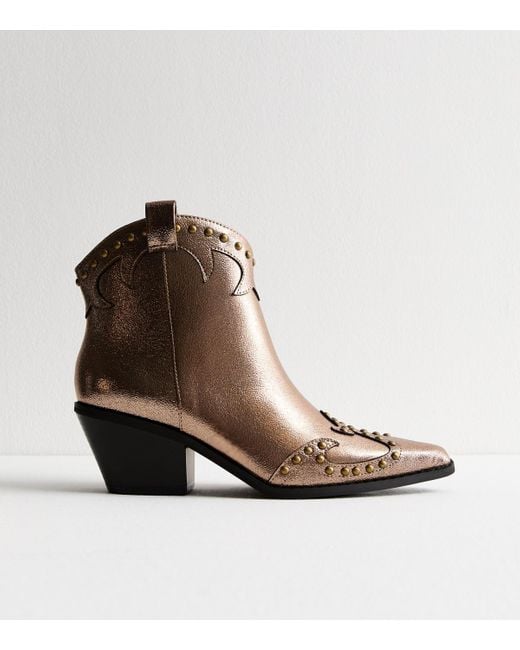 New Look Brown Faux Leather Studded Cowboy Boots Vegan
