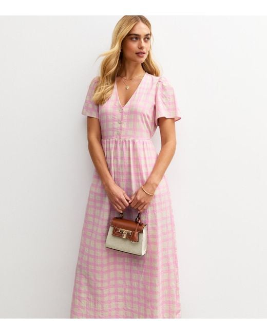 New Look Pink Gingham Check V-Neck Button Front Midi Dress