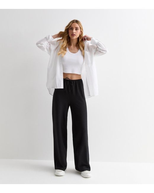 New Look White Textured Tie Waist Trousers