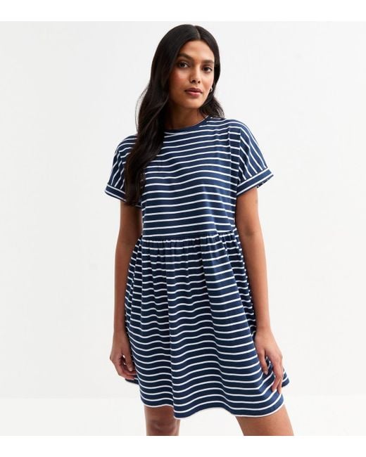 New Look Blue Stripe Print Smock Mini Dress