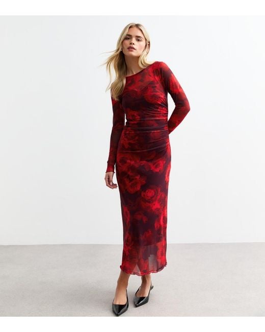 New Look Red Petite Rose Print Mesh Midi Dress