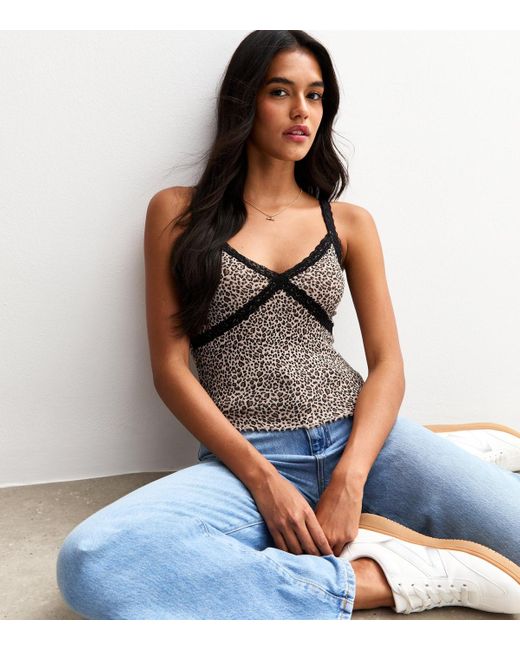 New Look Blue Leopard Print Lace Strappy Cami Top