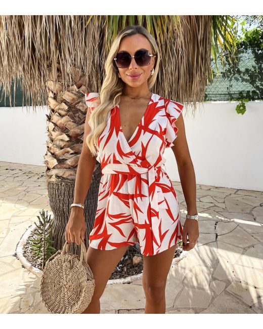 AX Paris Red Tropical Print Tie Waist Wrap Top Playsuit New Look