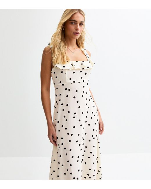 New Look White Cream Polka Dot Ruffle Trim Chiffon Midi Dress