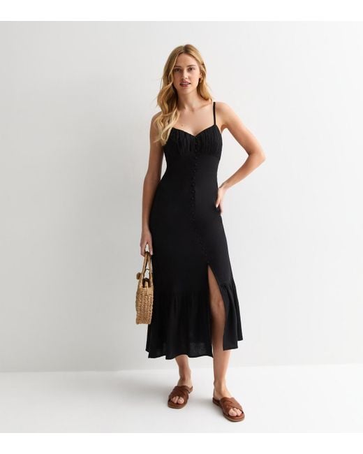 New Look Black Strappy Decorative-Button Midi Dress