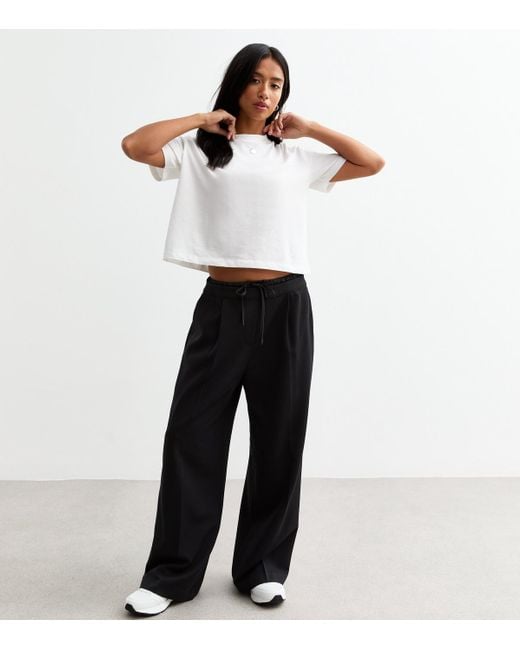 New Look White Petite Satin Insert Twill Wide Leg Trousers