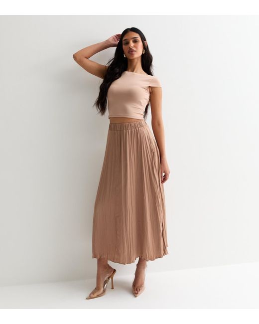 New Look Brown Crinkle Pleated Midi Skirt