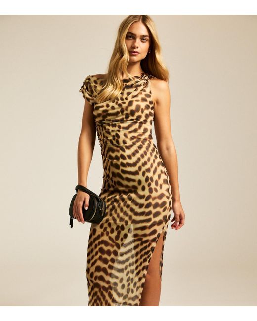 New Look Metallic Leopard Print One Shoulder Midi Dress