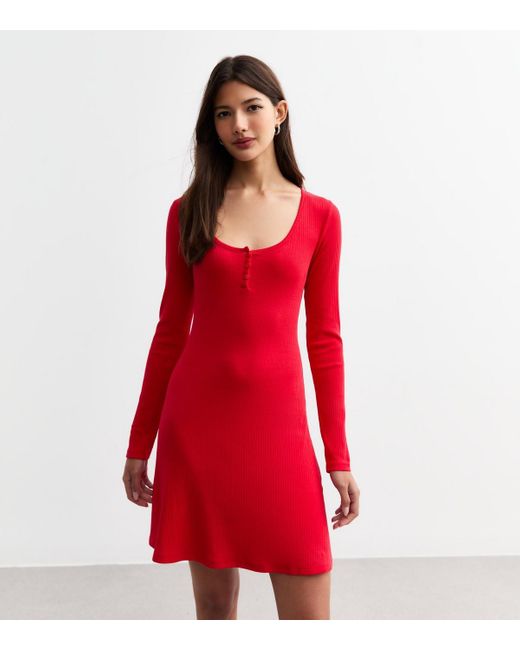 New Look Red Rib Cotton Button Front Mini Dress