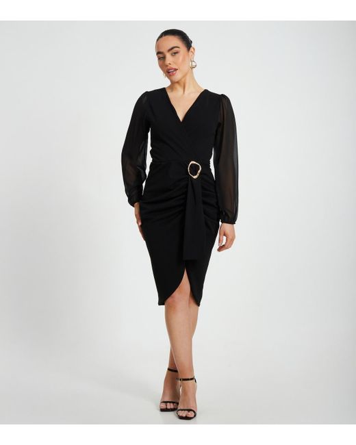 Quiz Black Petite Chiffon Ruched Midi Dress New Look