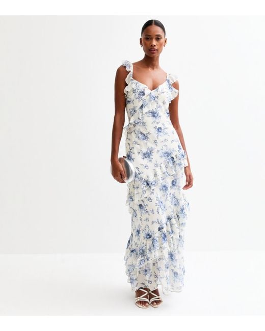 New Look Blue Floral Print Ruffle Trim Midi Dress