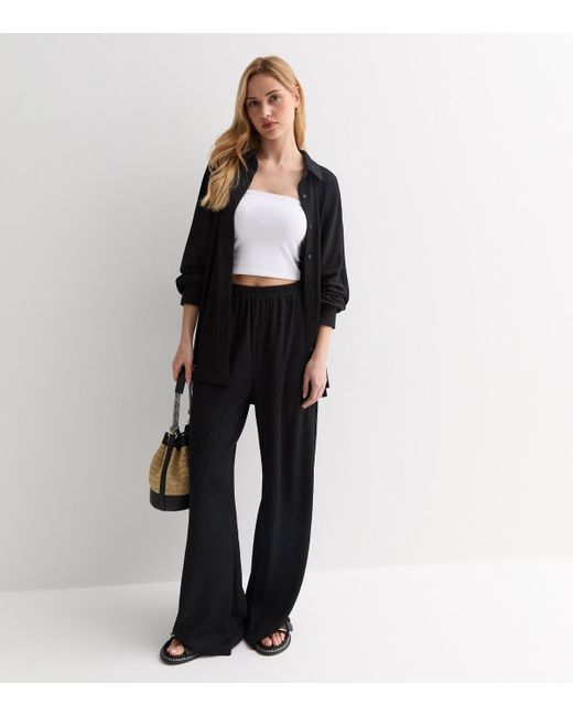 Gini London Black Crinkle Wide Leg Trousers New Look