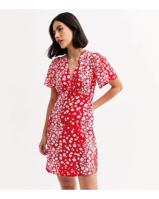 New Look Red Floral Print Flutter Sleeve Mini Dress
