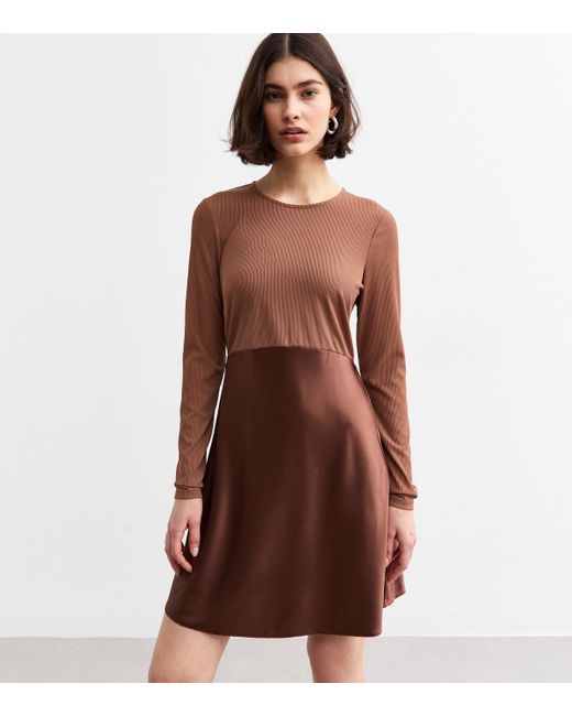 New Look Brown Dark Satin Skirt Mini Dress