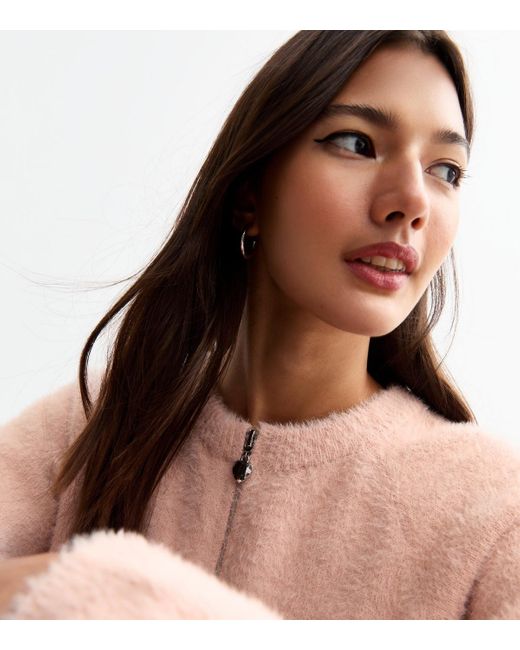 New Look Brown Fluffy Heart Zip Through Cardigan