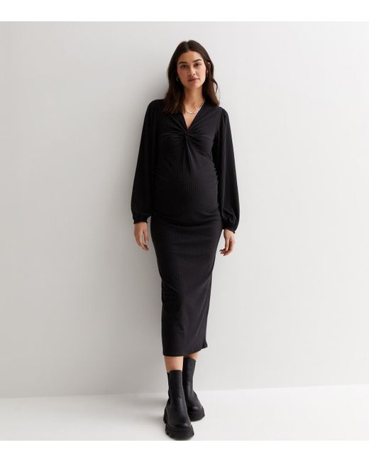 New Look Black Maternity Ribbed Twist Front Midi Dress