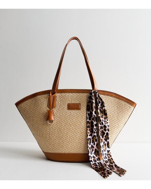 New Look Brown Faux Leather Trimmed Raffia Look Tote Bag