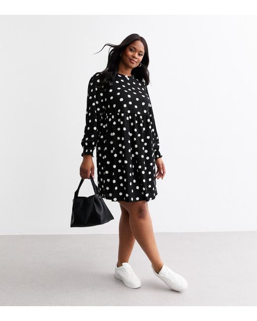 New Look Black Plus Size Polka Dot Crinkled Mini Smock Dress Curves