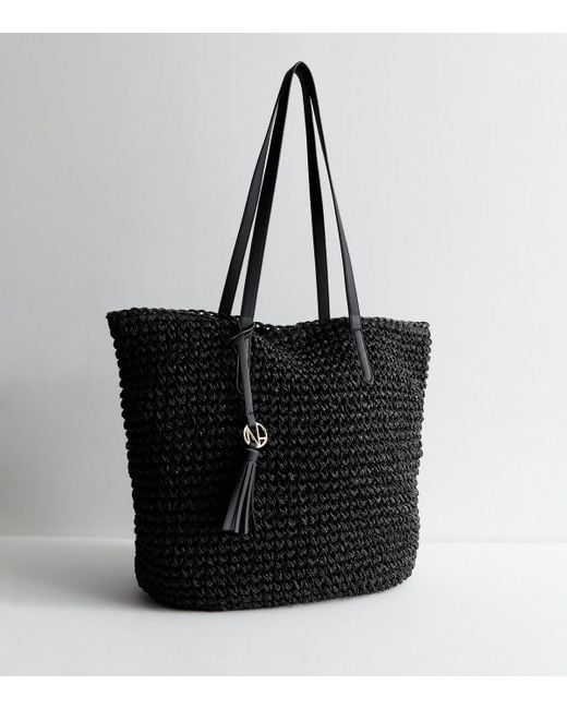 New Look Black Raffia Look Logo Charm Tote Bag