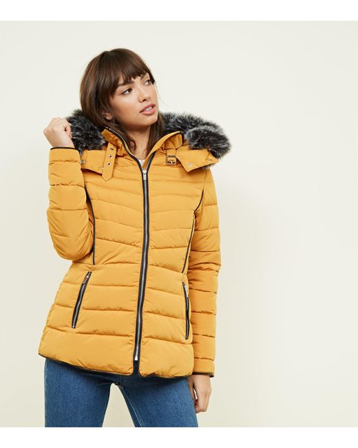 mustard faux fur hood puffer jacket
