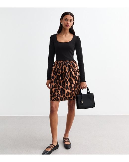 New Look Black Leopard Print Long Sleeve Mini Dress