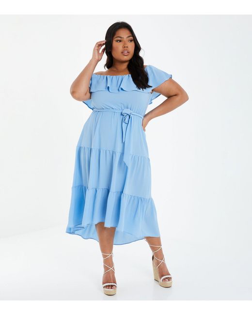 Quiz Synthetic Curves Tiered Bardot Midi Dress New Look in Pale Blue (Blue) | Lyst UK