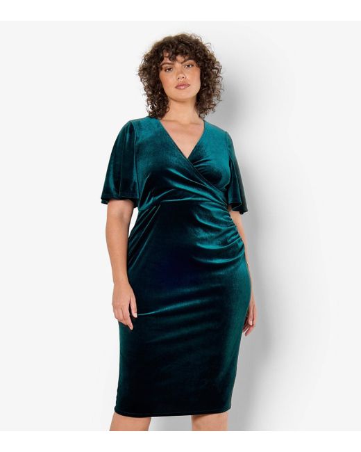 Apricot Green Plus Size Dark Velvet Wrap Midi Dress Curves New Look