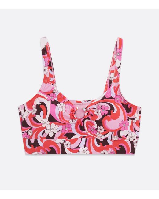 New Look Synthetic Curves Red Retro Floral Ring Crop Bikini Top | Lyst UK