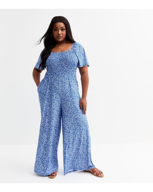 Blue Vanilla Blue Curve Floral Print Square Neck Jumpsuit New Look