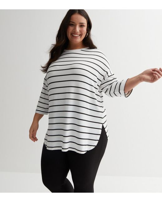 New Look White Plus Size Stripe Fine Knit 3/4 Sleeve Batwing Top Curves