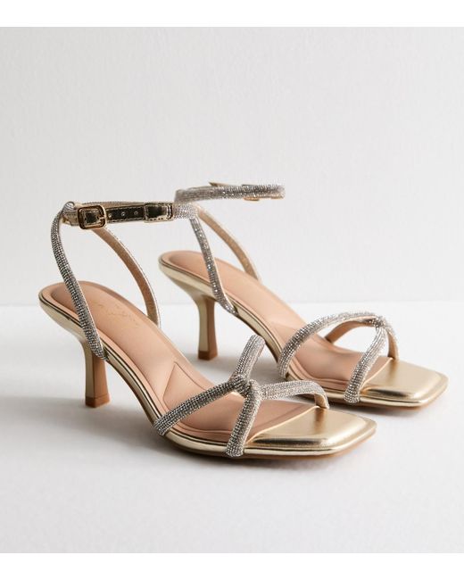 New Look Metallic Diamanté-Embellished Twisted-Strap Heel Sandals Vegan