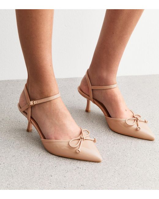 New Look Pink Wide Fit Patent Bow Detail Open Court Shoes