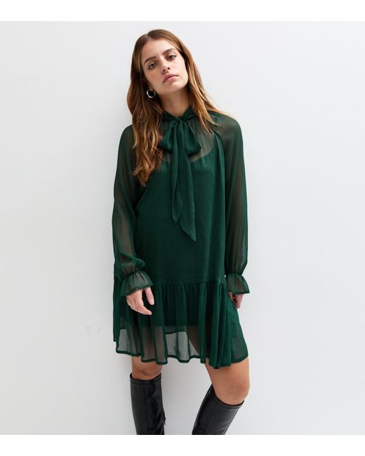 New Look Green Petite Dark Tie Neck Chiffon Mini Dress