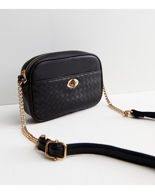 New Look Black Leather-Look Embossed Chain Cross Body Bag