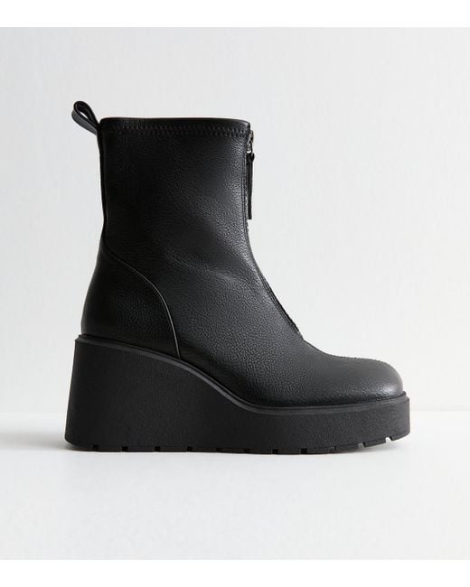New Look Black Wide Fit Wedge Heel Faux Leather Boots
