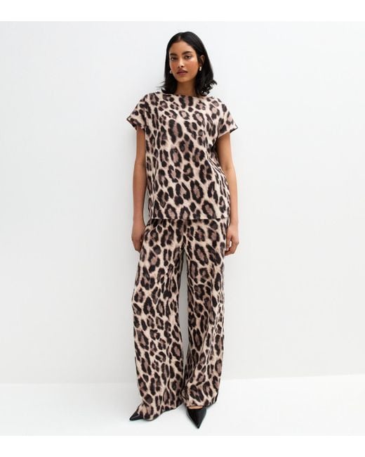 New Look White Leopard Print Textured Wide Leg Trousers