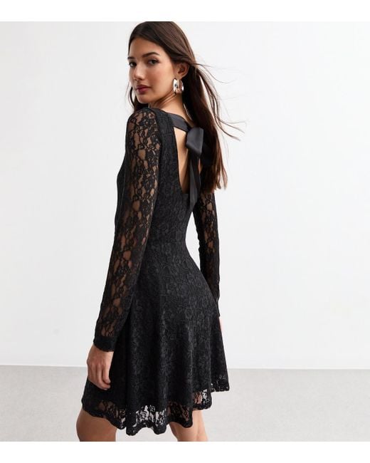 New Look Black Floral Lace Tie Detail Skater Mini Dress