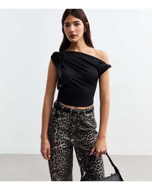 New Look Black Off The Shoulder Corsage Applique Cropped Top