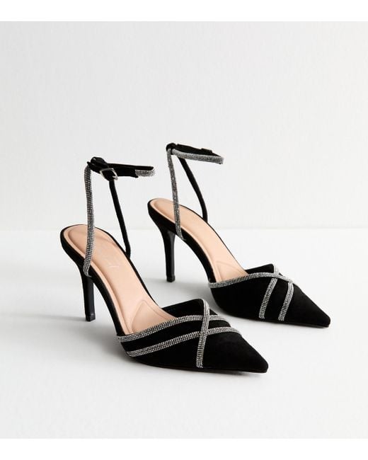 New Look Black Faux Suede Diamanté Strap Open Court Shoes