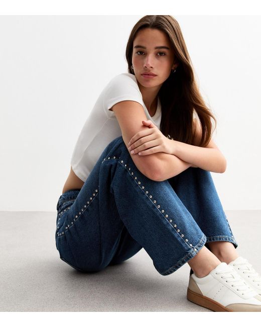 New Look Blue Studded Wide Leg Jeans