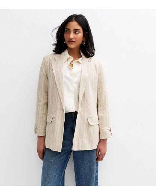 New Look Natural Cream Button Front Striped Tailored Blazer