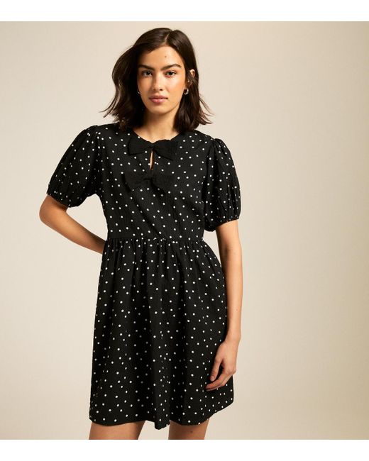 New Look Black Bow Front Polka Dot Crinkle Texture Mini Dress