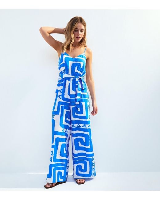 New Look Blue Swirl Print Wide Leg Jumpsuit