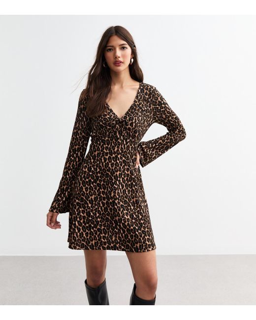 New Look Brown Leopard Print Flared Sleeve Mini Dress