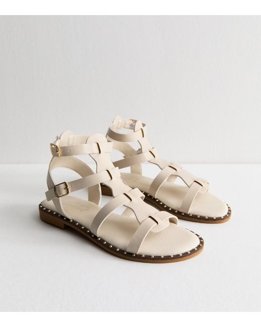 New Look Natural Faux Leather Studded Trim Gladiator Strap Sandals Vegan
