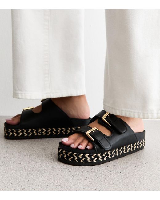 New Look Black Wide Fit Faux Leather Double Buckle Flatform Mule Sandals Vegan