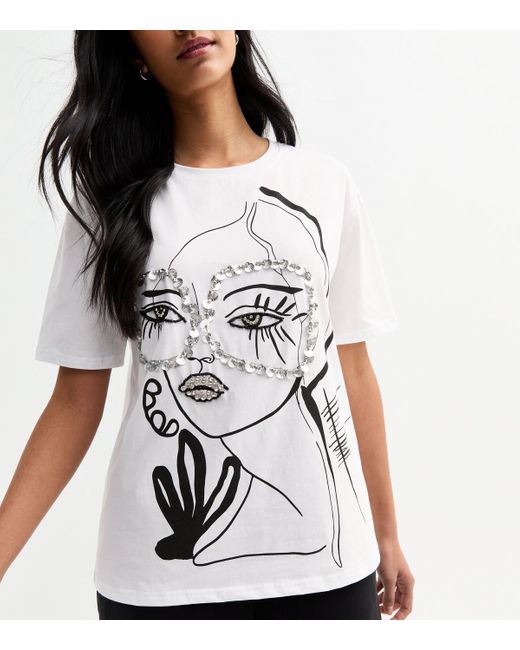 Blue Vanilla Gray Abstract Face Print Embellished T-Shirt New Look