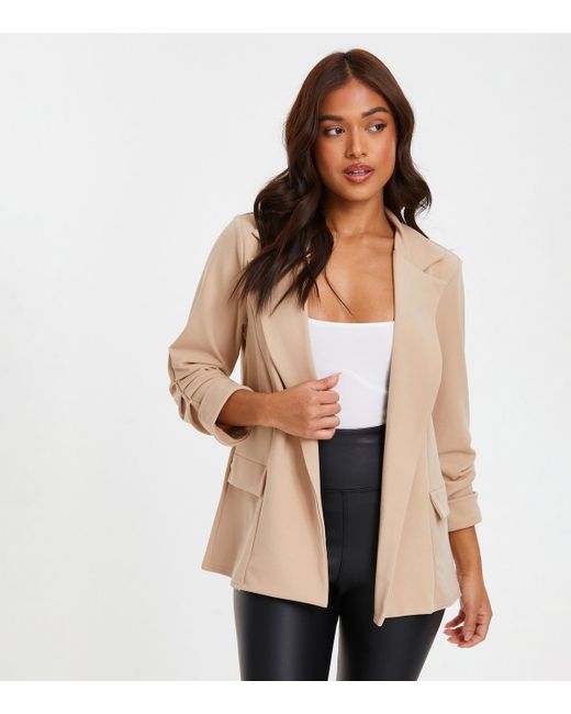 Quiz Natural Petite Scuba Crepe Ruched Sleeve Blazer New Look