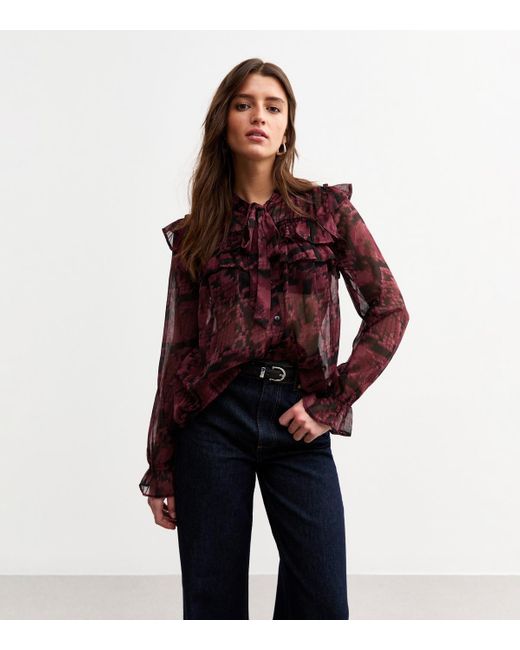 New Look Red Burgundy Snake Print Ruffled Blouse